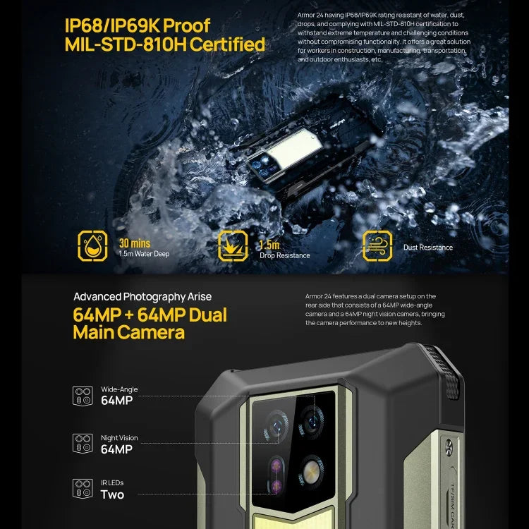 Ulefone Armor 24، هاتف مقاوم، بصمة إصبع جانبية، بطارية 22000 مللي أمبير، شاشة 6.78 بوصة أندرويد 14 معالج MediaTek Helio G96 ثماني النواة، الشبكة: 4G، NFC، Armor 24