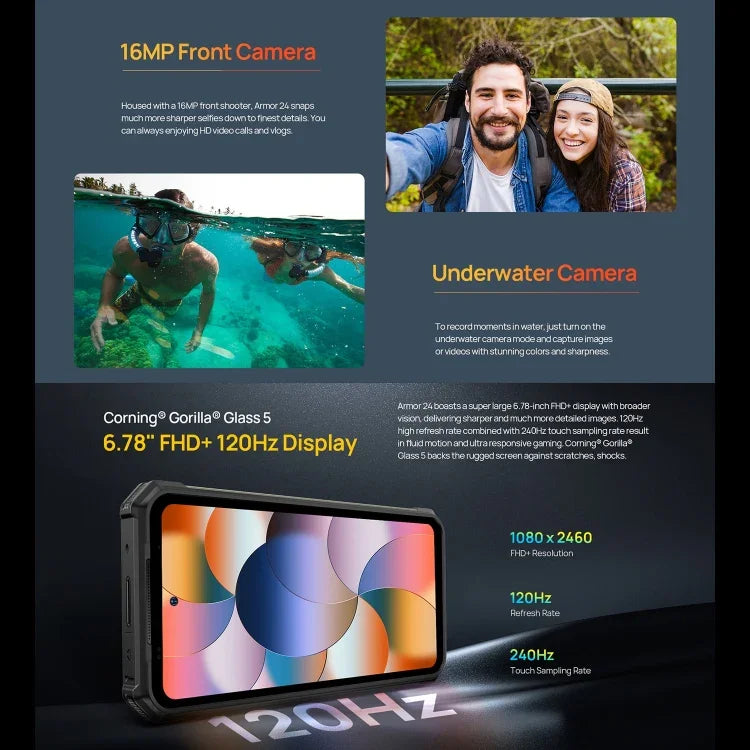 Ulefone Armor 24، هاتف مقاوم، بصمة إصبع جانبية، بطارية 22000 مللي أمبير، شاشة 6.78 بوصة أندرويد 14 معالج MediaTek Helio G96 ثماني النواة، الشبكة: 4G، NFC، Armor 24
