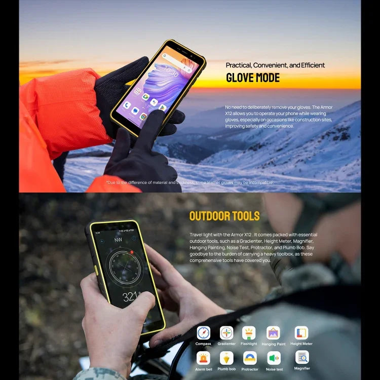 Ulefone Armor X12، هاتف مقاوم، فتح الوجه، شاشة 5.45 بوصة أندرويد 13 Go معالج MediaTek Helio A22 رباعي النواة، الشبكة: 4G، NFC، 3 جيجابايت + 32 جيجابايت