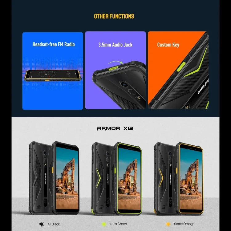 Ulefone Armor X12، هاتف مقاوم، فتح الوجه، شاشة 5.45 بوصة أندرويد 13 Go معالج MediaTek Helio A22 رباعي النواة، الشبكة: 4G، NFC، 3 جيجابايت + 32 جيجابايت