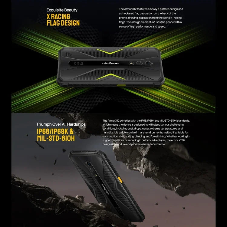 Ulefone Armor X12، هاتف مقاوم، فتح الوجه، شاشة 5.45 بوصة أندرويد 13 Go معالج MediaTek Helio A22 رباعي النواة، الشبكة: 4G، NFC، 3 جيجابايت + 32 جيجابايت