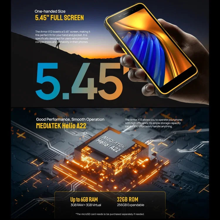 Ulefone Armor X12، هاتف مقاوم، فتح الوجه، شاشة 5.45 بوصة أندرويد 13 Go معالج MediaTek Helio A22 رباعي النواة، الشبكة: 4G، NFC، 3 جيجابايت + 32 جيجابايت