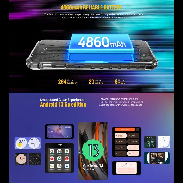 Ulefone Armor X12، هاتف مقاوم، فتح الوجه، شاشة 5.45 بوصة أندرويد 13 Go معالج MediaTek Helio A22 رباعي النواة، الشبكة: 4G، NFC، 3 جيجابايت + 32 جيجابايت
