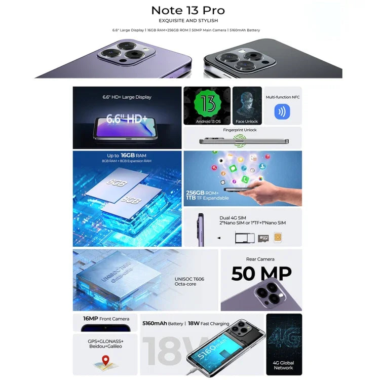 HOTWAV Note 13 Pro، التعرف على بصمة الإصبع الجانبية، شاشة 6.6 بوصة أندرويد 13 UMS9230 T606 ثماني النواة حتى 1.6 جيجاهرتز، الشبكة: 4G، OTG، 8GB+256GB