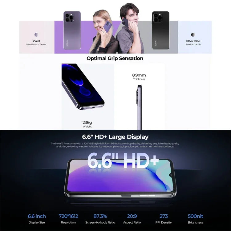 HOTWAV Note 13 Pro، التعرف على بصمة الإصبع الجانبية، شاشة 6.6 بوصة أندرويد 13 UMS9230 T606 ثماني النواة حتى 1.6 جيجاهرتز، الشبكة: 4G، OTG، 8GB+256GB