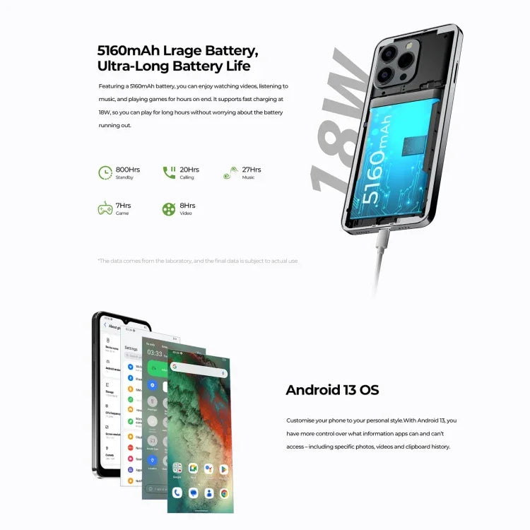 HOTWAV Note 13 Pro، التعرف على بصمة الإصبع الجانبية، شاشة 6.6 بوصة أندرويد 13 UMS9230 T606 ثماني النواة حتى 1.6 جيجاهرتز، الشبكة: 4G، OTG، 8GB+256GB
