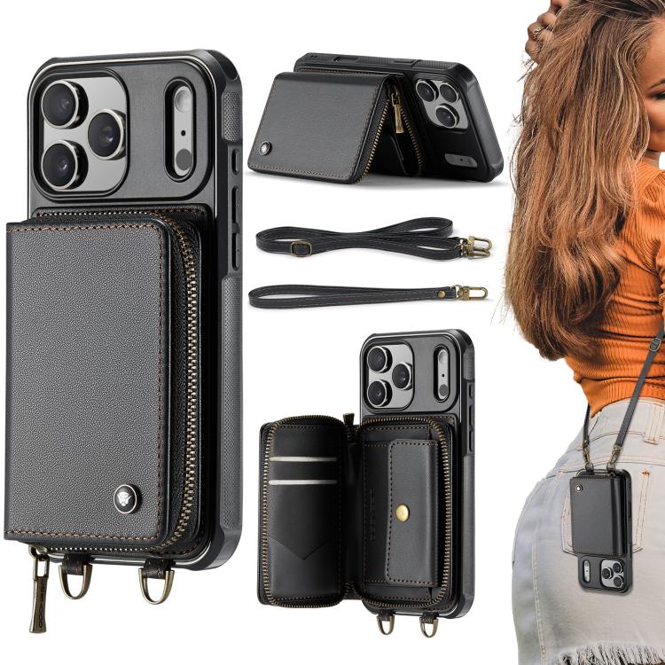 غطاء هاتف من الجلد مع محفظة بسحاب وسلسلتين JEEHOOD C22، لهواتف iPhone 17 Pro Max، iPhone 17 Pro، iPhone Air، iPhone 16 Pro Max، iPhone 16 Pro، iPhone 16 Plus، iPhone 16، iPhone 15 Pro Max