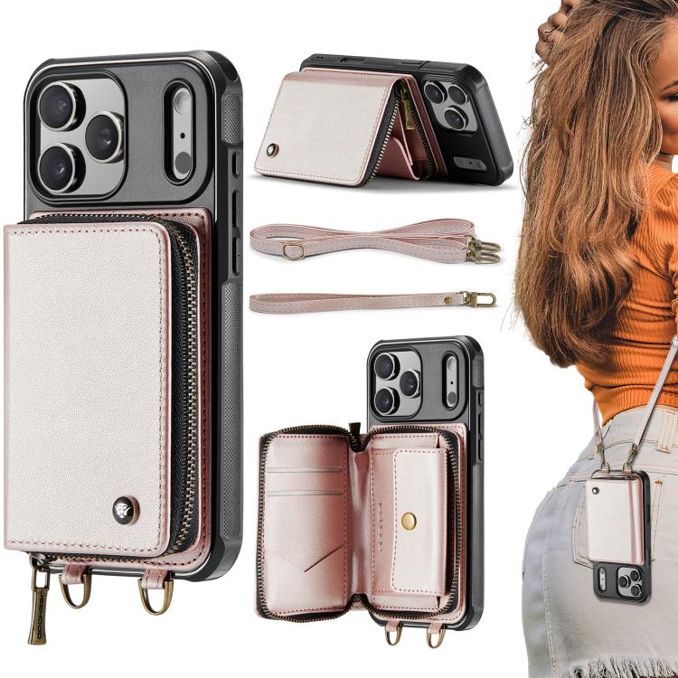 غطاء هاتف من الجلد مع محفظة بسحاب وسلسلتين JEEHOOD C22، لهواتف iPhone 17 Pro Max، iPhone 17 Pro، iPhone Air، iPhone 16 Pro Max، iPhone 16 Pro، iPhone 16 Plus، iPhone 16، iPhone 15 Pro Max