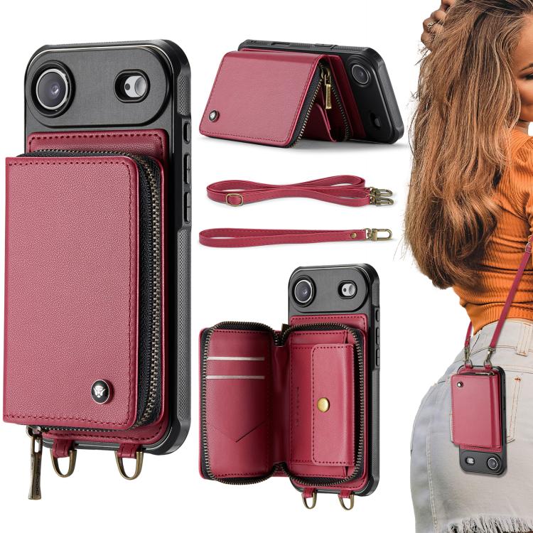 غطاء هاتف من الجلد مع محفظة بسحاب وسلسلتين JEEHOOD C22، لهواتف iPhone 17 Pro Max، iPhone 17 Pro، iPhone Air، iPhone 16 Pro Max، iPhone 16 Pro، iPhone 16 Plus، iPhone 16، iPhone 15 Pro Max