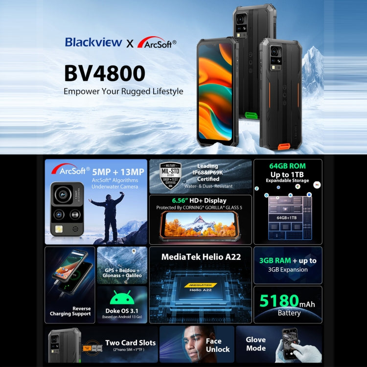 بلاكفيو BV4800، IP68/IP69K/MIL-STD-810H، شاشة 6.56 بوصة أندرويد 13 ميدياتيك MT6761V/WB هيليو A22 رباعي النواة، شبكة: 4G، OTG، BV4800 3GB+64GB