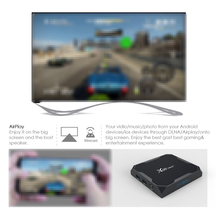 صندوق تلفاز ذكي X96 max+ 4K مع جهاز تحكم عن بعد، أندرويد 9.0، Amlogic S905X3 رباعي النواة Cortex-A55، 2GB+16GB، يدعم LAN، AV، واي فاي 2.4G/5G، USBx2، بطاقة TF، قابس الاتحاد الأوروبي، قابس المملكة المتحدة، قابس أستراليا