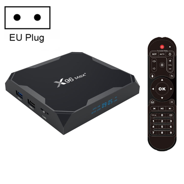 صندوق تلفاز ذكي X96 max+ 4K، أندرويد 9.0، Amlogic S905X3 رباعي النواة Cortex-A55، 4GB+64GB، يدعم LAN، AV، واي فاي 2.4G/5G، USBx2، بطاقة TF، قابس الاتحاد الأوروبي، قابس المملكة المتحدة، قابس أستراليا