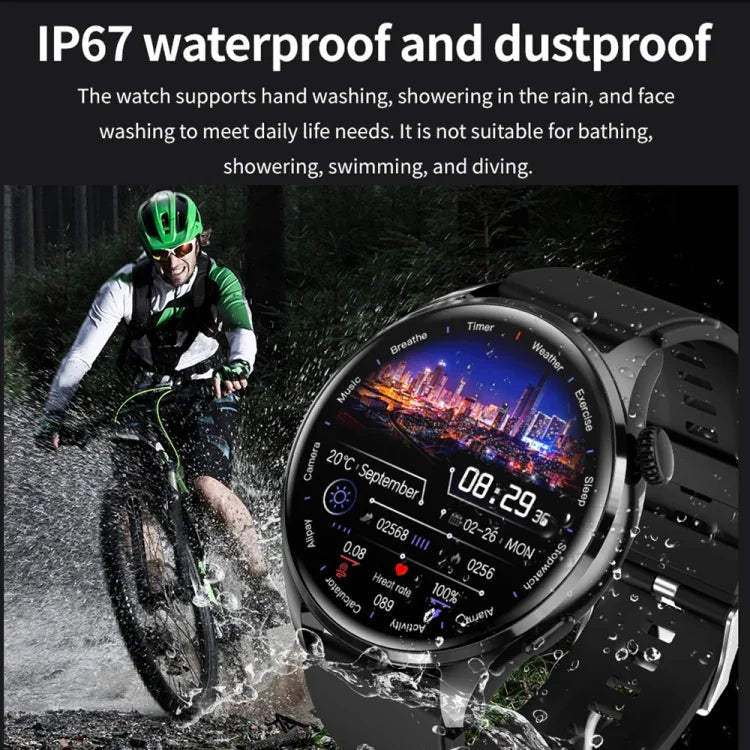سوار ذكي TM05 Pro، ساعة ذكية بحزام جلد 1.46 بوصة مقاومة للماء IP67، مكالمات بلوتوث / معدل ضربات القلب / ضغط الدم / نسبة الأكسجين في الدم، حزام جلد