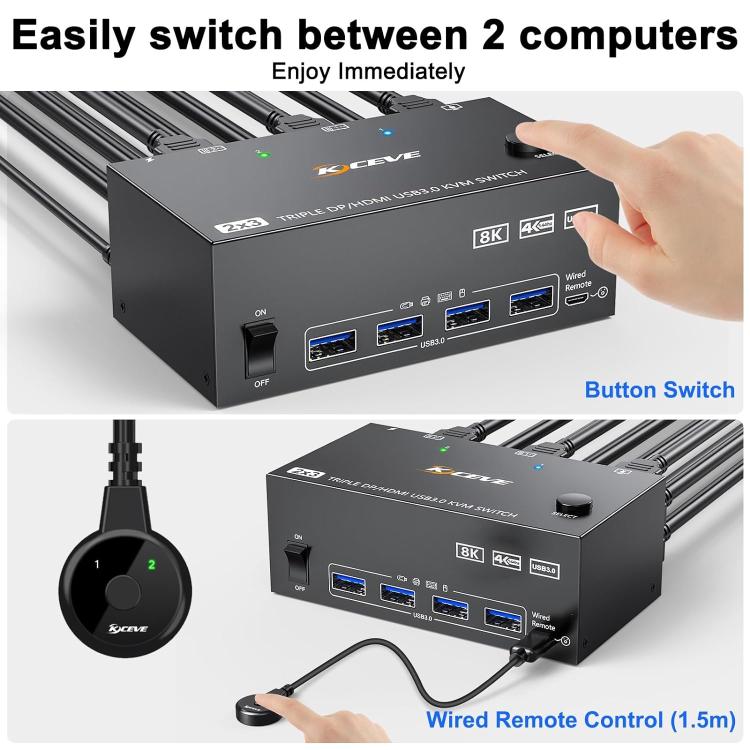 مفتاح KVM KC-KVM203DH لشاشات ثلاثية 8K 30Hz USB3.0 DP+DP+HDMI، قابس أوروبي، KC-KVM203DH
