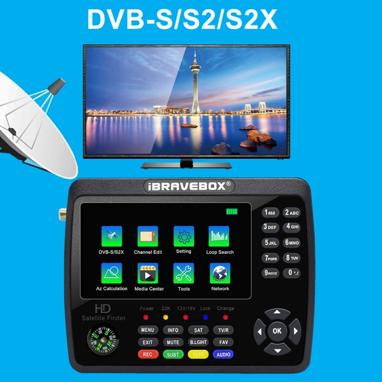 جهاز قياس إشارة الأقمار الصناعية الرقمي iBRAVEBOX V10 Finder Max بشاشة 4.3 بوصة، يدعم DVB-S/S2/S2X، قابس الاتحاد الأوروبي، الولايات المتحدة، المملكة المتحدة، أستراليا