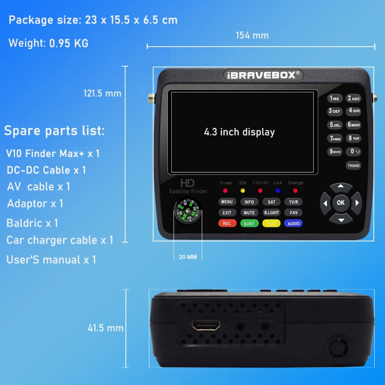جهاز قياس إشارة الأقمار الصناعية الرقمي iBRAVEBOX V10 Finder Max+ بشاشة 4.3 بوصة، يدعم DVB-S/S2/S2X AHD، قابس الاتحاد الأوروبي، الولايات المتحدة، المملكة المتحدة، أستراليا