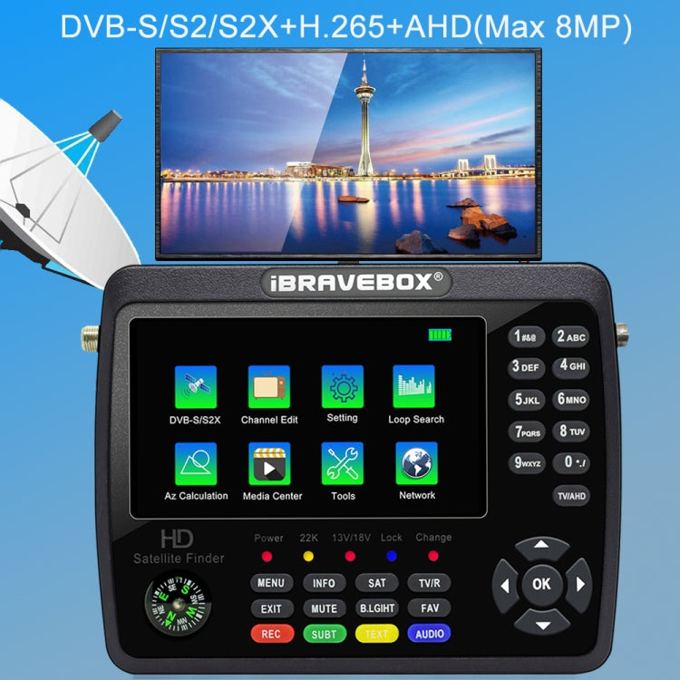 جهاز قياس إشارة الأقمار الصناعية الرقمي iBRAVEBOX V10 Finder Max+ بشاشة 4.3 بوصة، يدعم DVB-S/S2/S2X AHD، قابس الاتحاد الأوروبي، الولايات المتحدة، المملكة المتحدة، أستراليا