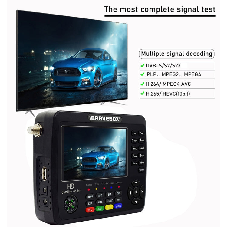 جهاز قياس إشارة الأقمار الصناعية الرقمي iBRAVEBOX V10 Finder Max+ بشاشة 4.3 بوصة، يدعم DVB-S/S2/S2X AHD، قابس الاتحاد الأوروبي، الولايات المتحدة، المملكة المتحدة، أستراليا