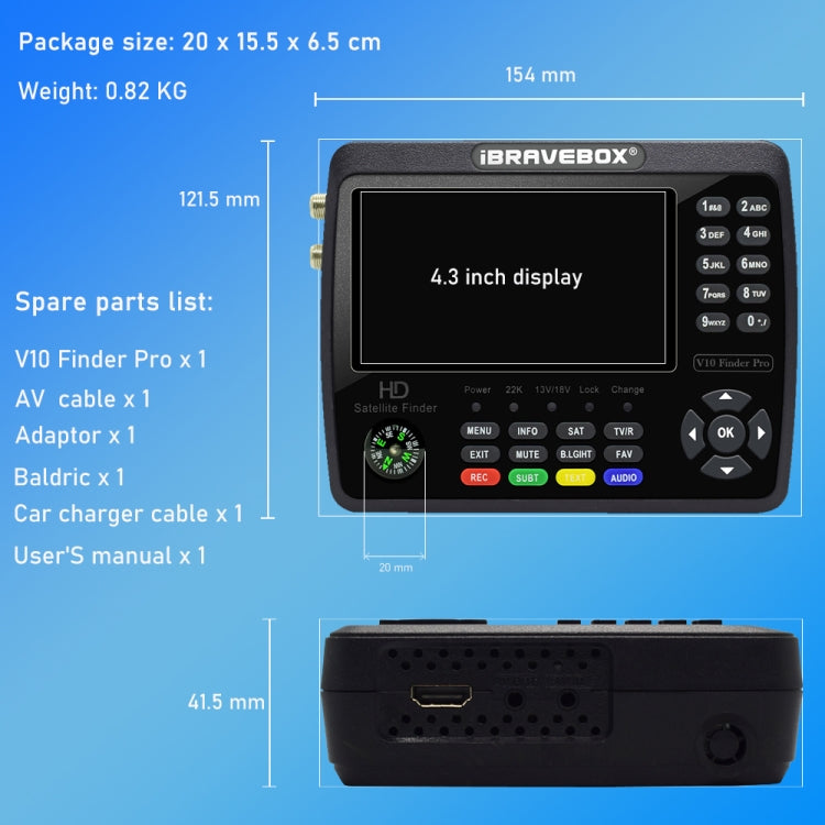 جهاز قياس إشارة الأقمار الصناعية الرقمي iBRAVEBOX V10 Finder Pro بشاشة 4.3 بوصة، يدعم DVB-S/S2/S2X/T/T2/C، قابس الاتحاد الأوروبي، الولايات المتحدة، المملكة المتحدة، أستراليا