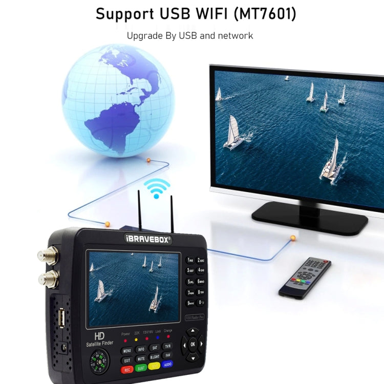 جهاز قياس إشارة الأقمار الصناعية الرقمي iBRAVEBOX V10 Finder Pro بشاشة 4.3 بوصة، يدعم DVB-S/S2/S2X/T/T2/C، قابس الاتحاد الأوروبي، الولايات المتحدة، المملكة المتحدة، أستراليا