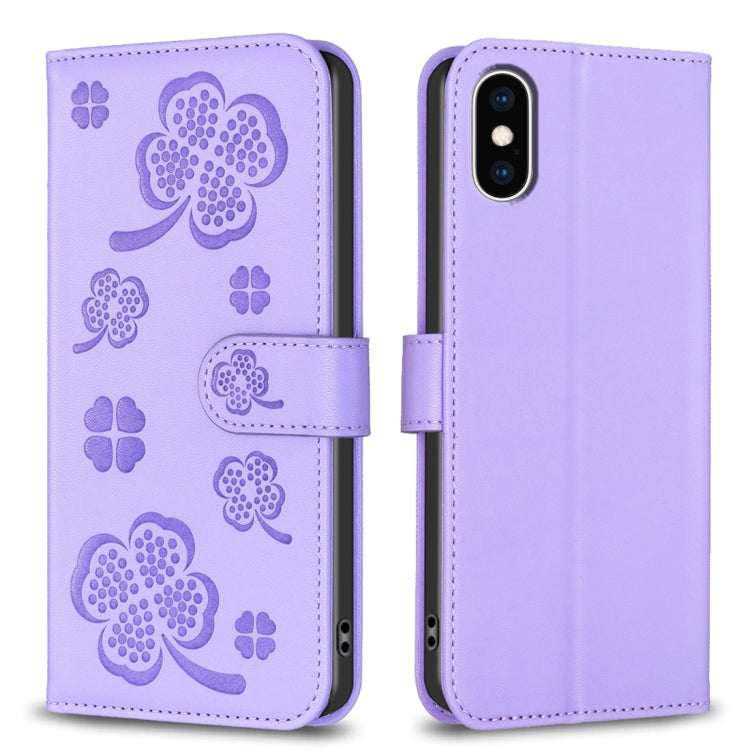 غطاء هاتف من الجلد المنقوش بأوراق البرسيم الرباعية، لهاتف iPhone 11 Pro، لهواتف iPhone X / XS، لهاتف iPhone XR، لهاتف iPhone XS Max، لهواتف iPhone 7 Plus / 8 Plus