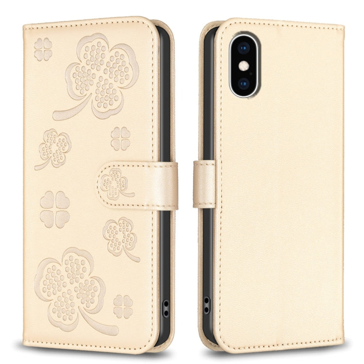 غطاء هاتف من الجلد المنقوش بأوراق البرسيم الرباعية، لهاتف iPhone 11 Pro، لهواتف iPhone X / XS، لهاتف iPhone XR، لهاتف iPhone XS Max، لهواتف iPhone 7 Plus / 8 Plus