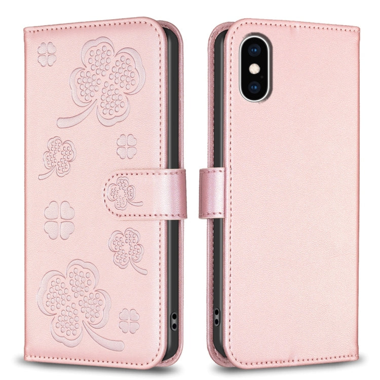 غطاء هاتف من الجلد المنقوش بأوراق البرسيم الرباعية، لهاتف iPhone 11 Pro، لهواتف iPhone X / XS، لهاتف iPhone XR، لهاتف iPhone XS Max، لهواتف iPhone 7 Plus / 8 Plus