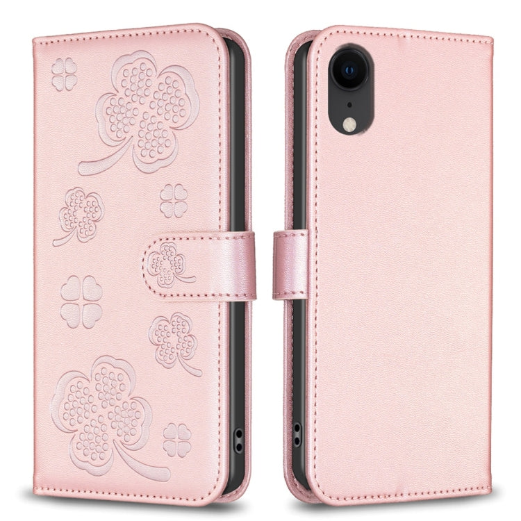 غطاء هاتف من الجلد المنقوش بأوراق البرسيم الرباعية، لهاتف iPhone 11 Pro، لهواتف iPhone X / XS، لهاتف iPhone XR، لهاتف iPhone XS Max، لهواتف iPhone 7 Plus / 8 Plus