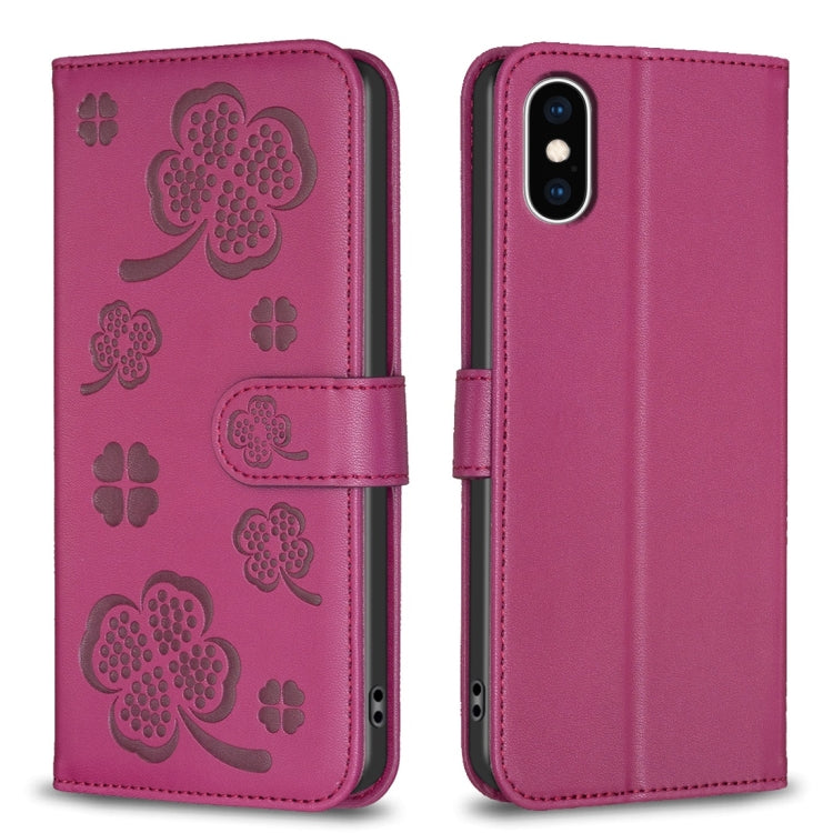 غطاء هاتف من الجلد المنقوش بأوراق البرسيم الرباعية، لهاتف iPhone 11 Pro، لهواتف iPhone X / XS، لهاتف iPhone XR، لهاتف iPhone XS Max، لهواتف iPhone 7 Plus / 8 Plus