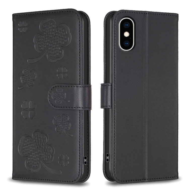 غطاء هاتف من الجلد المنقوش بأوراق البرسيم الرباعية، لهاتف iPhone 11 Pro، لهواتف iPhone X / XS، لهاتف iPhone XR، لهاتف iPhone XS Max، لهواتف iPhone 7 Plus / 8 Plus