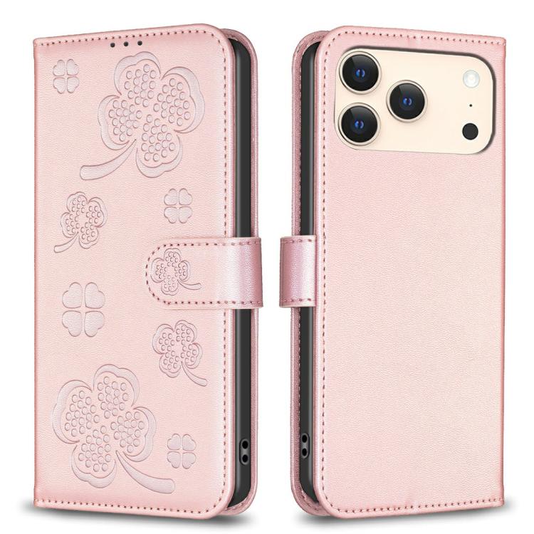 غطاء هاتف من الجلد المنقوش بأوراق البرسيم الرباعية، لهاتف iPhone 17 Pro Max، لهاتف iPhone 17 Pro، لهاتف iPhone 17، لهاتف iPhone Air، لهاتف iPhone 16 Pro Max، لهاتف iPhone 16 Pro، لهاتف iPhone 16 Plus، لهاتف iPhone 16