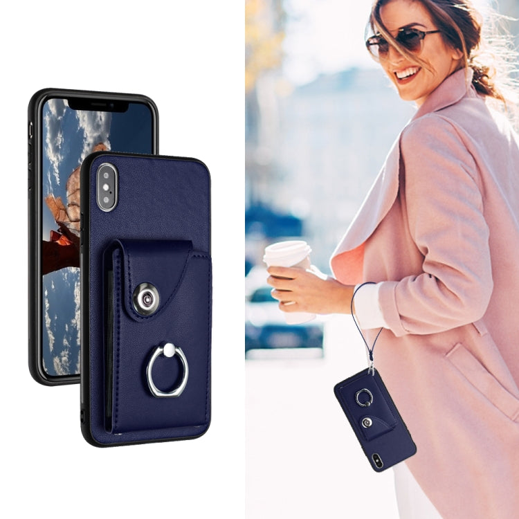غطاء هاتف PU مع حامل حلقة وحقيبة بطاقات أورغن مع حبل، لهواتف iPhone XS / X، لهاتف iPhone XR، لهاتف iPhone XS Max، لهواتف iPhone 8 Plus / 7 Plus