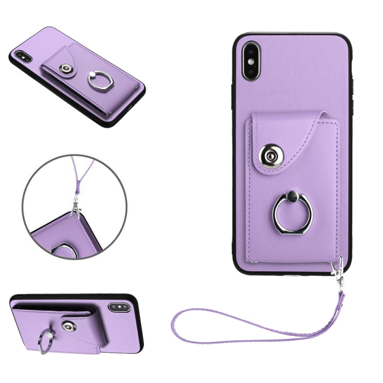غطاء هاتف PU مع حامل حلقة وحقيبة بطاقات أورغن مع حبل، لهواتف iPhone XS / X، لهاتف iPhone XR، لهاتف iPhone XS Max، لهواتف iPhone 8 Plus / 7 Plus