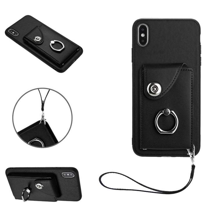 غطاء هاتف PU مع حامل حلقة وحقيبة بطاقات أورغن مع حبل، لهواتف iPhone XS / X، لهاتف iPhone XR، لهاتف iPhone XS Max، لهواتف iPhone 8 Plus / 7 Plus