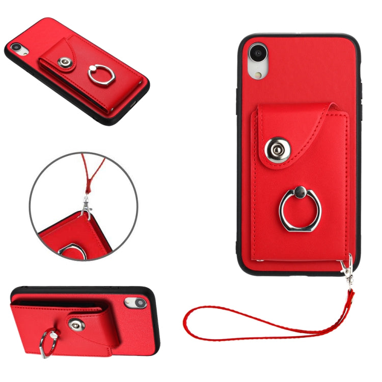غطاء هاتف PU مع حامل حلقة وحقيبة بطاقات أورغن مع حبل، لهواتف iPhone XS / X، لهاتف iPhone XR، لهاتف iPhone XS Max، لهواتف iPhone 8 Plus / 7 Plus