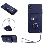 غطاء هاتف PU مع حامل حلقة وحقيبة بطاقات أورغن مع حبل، لهواتف iPhone XS / X، لهاتف iPhone XR، لهاتف iPhone XS Max، لهواتف iPhone 8 Plus / 7 Plus