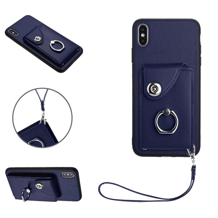 غطاء هاتف PU مع حامل حلقة وحقيبة بطاقات أورغن مع حبل، لهواتف iPhone XS / X، لهاتف iPhone XR، لهاتف iPhone XS Max، لهواتف iPhone 8 Plus / 7 Plus