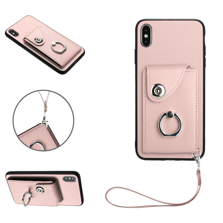 غطاء هاتف PU مع حامل حلقة وحقيبة بطاقات أورغن مع حبل، لهواتف iPhone XS / X، لهاتف iPhone XR، لهاتف iPhone XS Max، لهواتف iPhone 8 Plus / 7 Plus