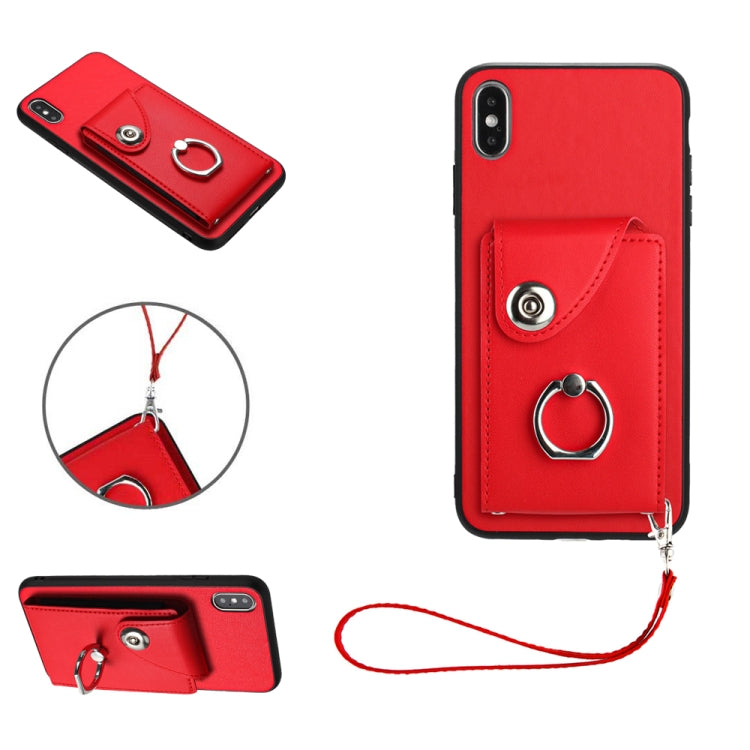غطاء هاتف PU مع حامل حلقة وحقيبة بطاقات أورغن مع حبل، لهواتف iPhone XS / X، لهاتف iPhone XR، لهاتف iPhone XS Max، لهواتف iPhone 8 Plus / 7 Plus