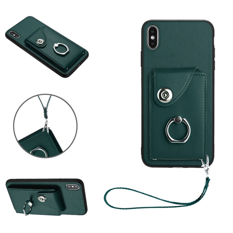 غطاء هاتف PU مع حامل حلقة وحقيبة بطاقات أورغن مع حبل، لهواتف iPhone XS / X، لهاتف iPhone XR، لهاتف iPhone XS Max، لهواتف iPhone 8 Plus / 7 Plus