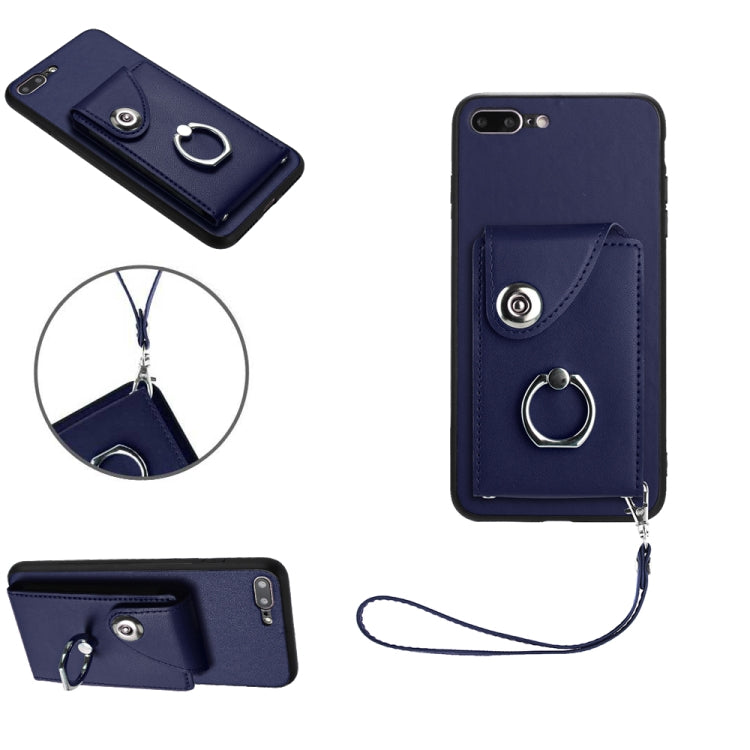 غطاء هاتف PU مع حامل حلقة وحقيبة بطاقات أورغن مع حبل، لهواتف iPhone XS / X، لهاتف iPhone XR، لهاتف iPhone XS Max، لهواتف iPhone 8 Plus / 7 Plus