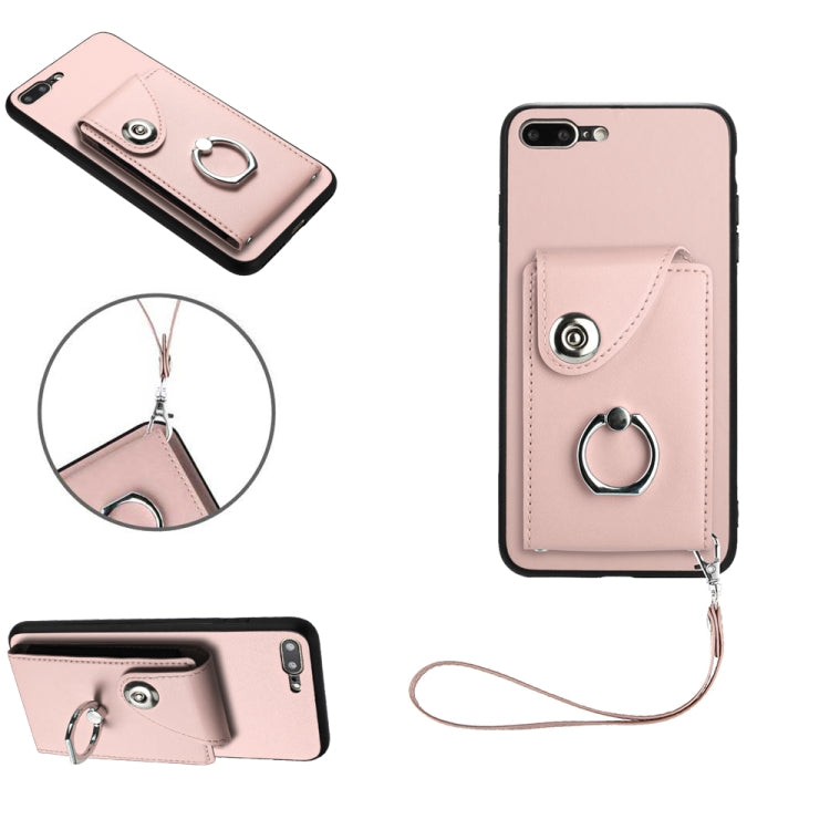 غطاء هاتف PU مع حامل حلقة وحقيبة بطاقات أورغن مع حبل، لهواتف iPhone XS / X، لهاتف iPhone XR، لهاتف iPhone XS Max، لهواتف iPhone 8 Plus / 7 Plus