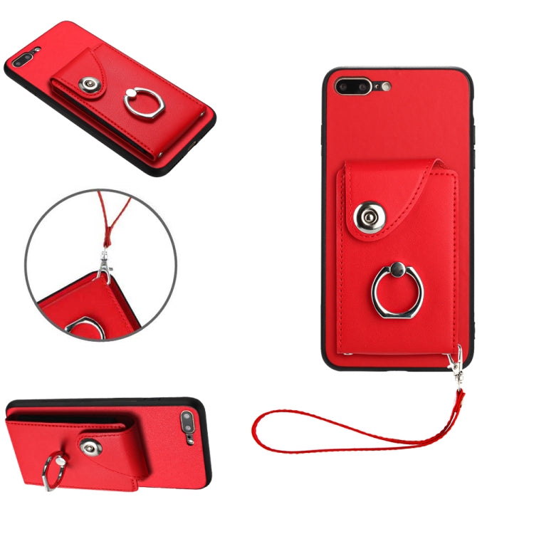 غطاء هاتف PU مع حامل حلقة وحقيبة بطاقات أورغن مع حبل، لهواتف iPhone XS / X، لهاتف iPhone XR، لهاتف iPhone XS Max، لهواتف iPhone 8 Plus / 7 Plus