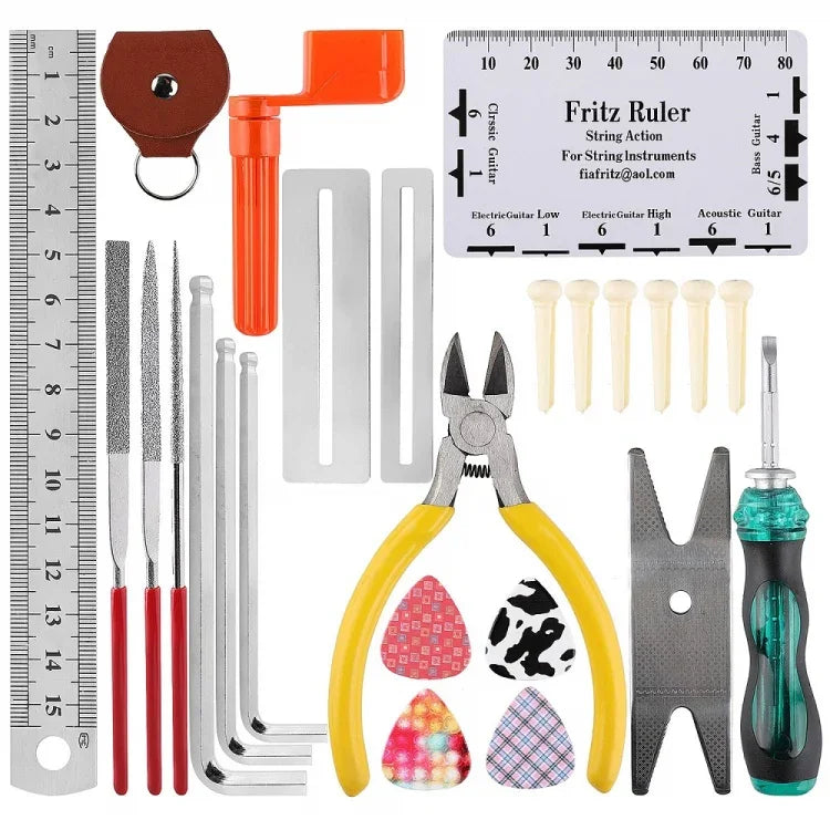 مجموعة أدوات إصلاح الغيتار، ملف، مفتاح ربط، قطع وتر ولف، تلميع الأوتار، عدة إصلاح الغيتار
