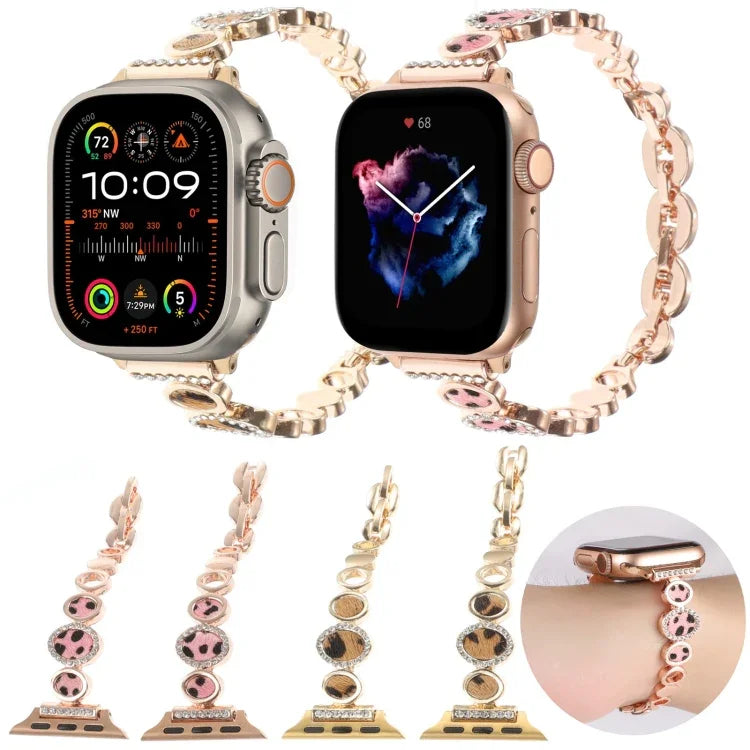 سوار ساعة معدني بسلسلة مرصعة بأحجار الراين بنقشة الفهد، لسلسلة Apple Watch مقاس 42مم، لسلسلة Apple Watch مقاس 38مم