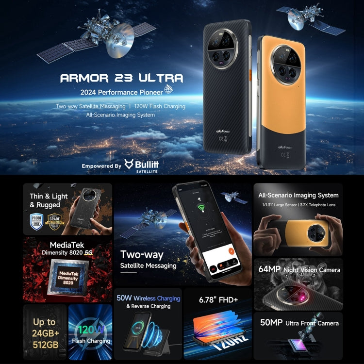 Ulefone Armor 23 Ultra هاتف متين، شاشة 6.78 بوصة أندرويد 13 معالج MediaTek Dimensity 8020 ثماني النواة حتى 2.6 جيجاهرتز، الشبكة: 5G، NFC، OTG، رسائل عبر الأقمار الصناعية، 12GB+512GB