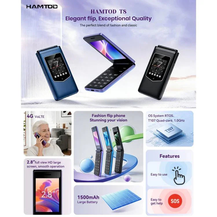 HAMTOD T8 هاتف قابل للطي 4G، شاشة 2.8 بوصة + 1.77 بوصة، VoLTE، بلوتوث، SOS، OTG، النسخة الأوروبية
