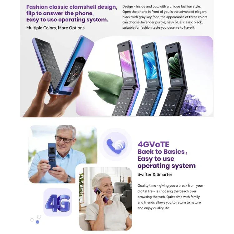 HAMTOD T8 هاتف قابل للطي 4G، شاشة 2.8 بوصة + 1.77 بوصة، VoLTE، بلوتوث، SOS، OTG، النسخة الأوروبية
