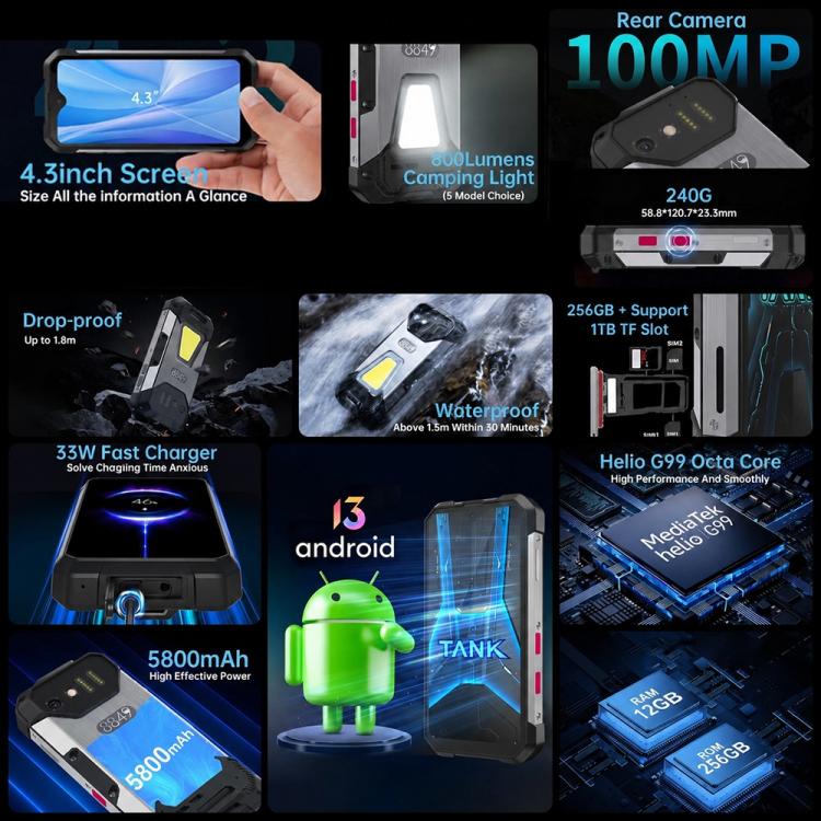 Unihertz Tank mini 1 / 8849، كاميرا 100 ميجابكسل، شاشة 4.3 بوصة أندرويد 13 معالج Helio G99 ثماني النواة، الشبكة: 4G، Tank mini 1 8GB+256GB