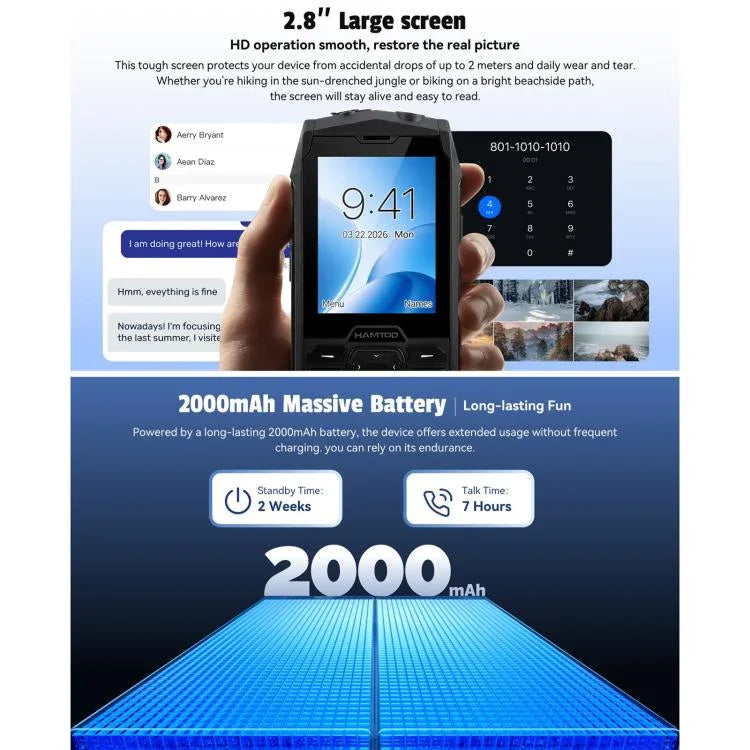 HAMTOD H3 هاتف متين، شاشة 2.8 بوصة T107 ARM CortexTM A7 رباعي النواة 1.0 جيجاهرتز، الشبكة: 4G، VoLTE، بلوتوث، SOS، النسخة الأوروبية